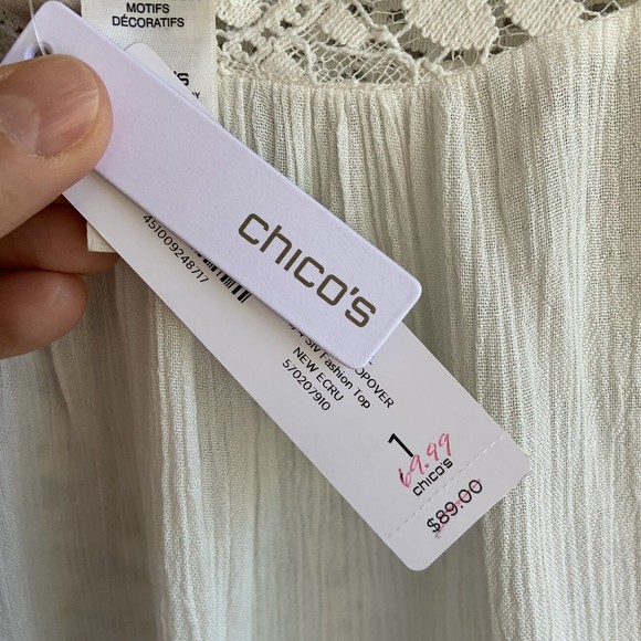 Chicos Lace Detail Popover Tunic Blouse Top Cream Bell Sleeves Feminine Size M - Picture 7 of 12